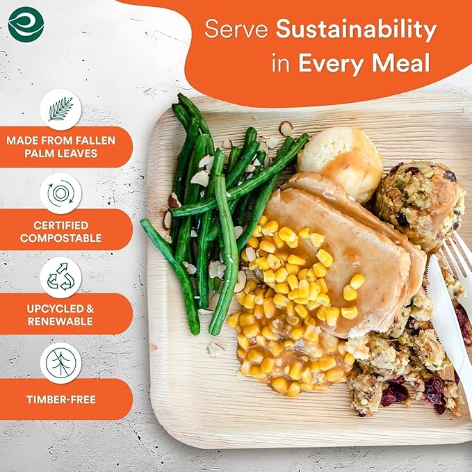 ECO SOUL Palm Leaf Disposable Bamboo Plates 10" Square Compostable & Biodegradable Party Plates for Christmas Dinner, Weddings, Parties & Events 50 Count