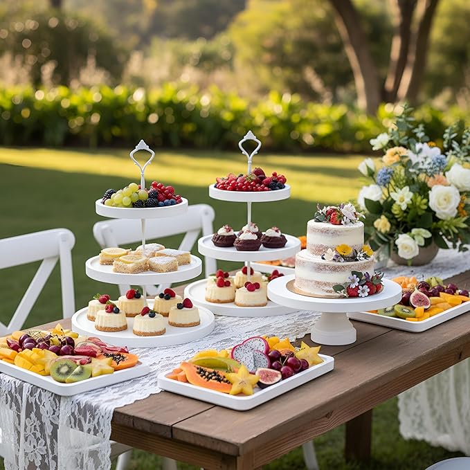 7 Pcs Wood Dessert Table Display Set Wooden 3 Tie Cupcake Stands Rustic Round Cake Stand Wood Dessert Serving Trays for Christmas Party Baby Shower Wedding Birthday(White)