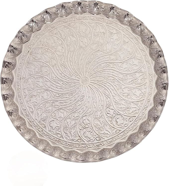 Ottoman Turkish Coffee and Tea Serving Tray, Suitable for The Restaurant, Round Shape, Width 13,7 Inch (35 cm) (Silver)