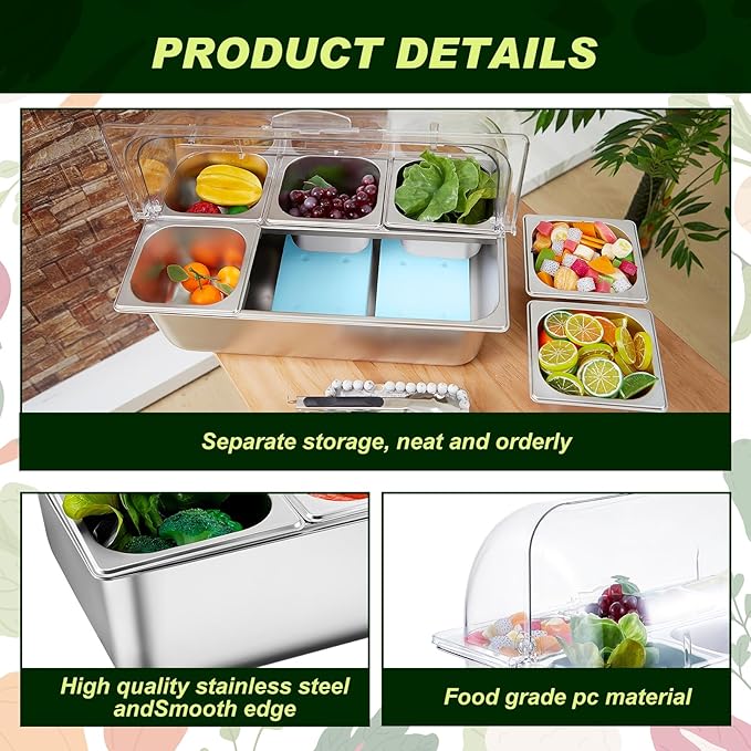 Tessco for you 16 Pcs Ice Food Spice Serving Display Countertop Chilled Condiment Container Set with Lid, Stainless Steel Salad Cold Caddy for Buffet Restaurant Kitchen Party(6 Compartments)