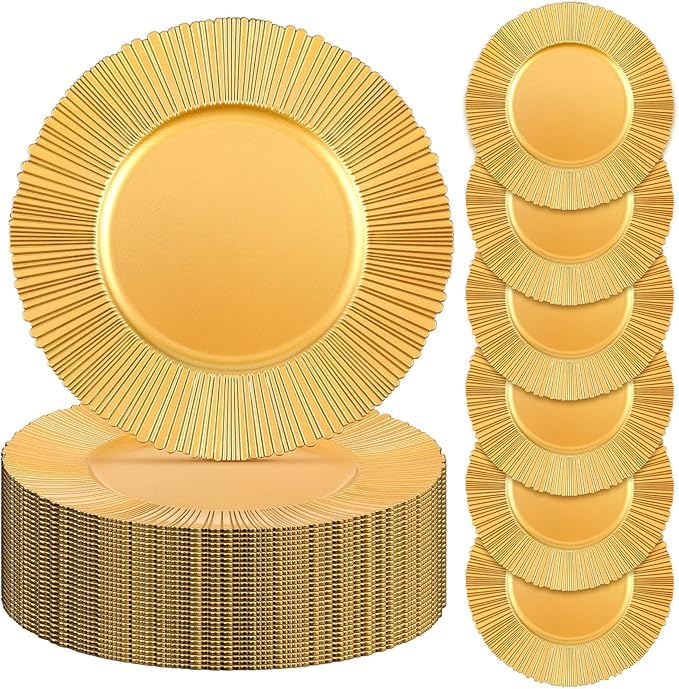 Yaomiao 50 Pcs 13 Inch Gold Charger Plates Bulk Plastic Plates Chargers Round Dinner Chargers for Wedding Party Table Setting Bridal Shower Event Decor (Gold)