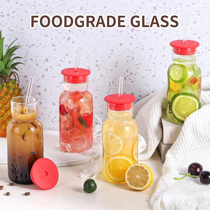 CWHHRN 17 oz Glass Cups with Lid and Straw, Glass Tumbler with Straw and Lid, Vintage Glassware for Whiskey Cocktail Beer Juice, Iced Coffee Cups with Lid (3 PACK)