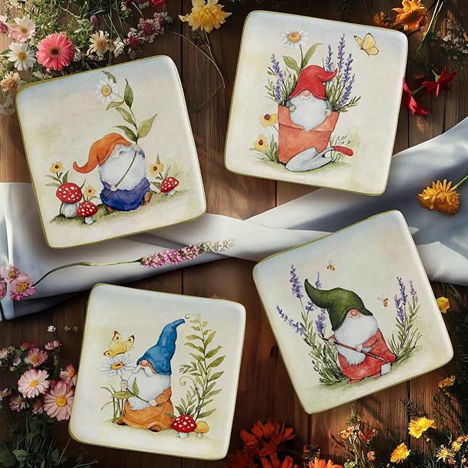 Certified International Garden Gnomes 6" Canape/Luncheon/Appetiser Plates, Assorted Designs, Small, Multicolor, Set of 4