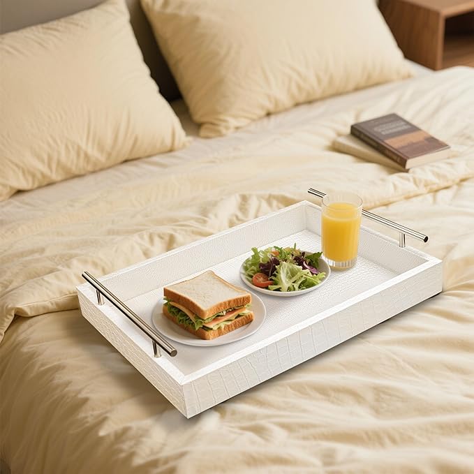 White Leather Serving Tray with Silver Handles, Rectangular Tray for Coffee Table, Ottoman, Alligator Faux Leather, Decorative Trays for Home Decor, for All Occasions, 16" x 12"