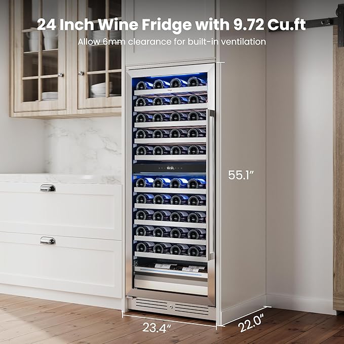 Yeego Wine Fridge – 24 Inch Dual Zone Wine Cooler Refrigerator 40°F-65°F, 304 Stainless Steel Glass Door Lock, Temp Memory Blue & White LED Built-in Fridge Left-hand Opening with Drawer (89 Bottle)