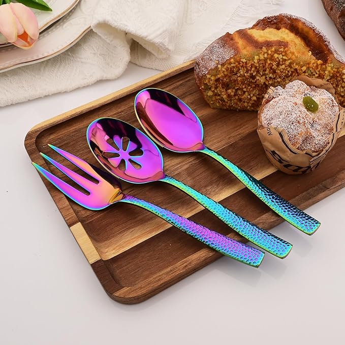 6 PCS Hammered Serving Utensils, Uniturcky Stainless Steel Serving Spoons Set, Square and Thick Hostess Serving Set, Includes 2 Serving Spoon 2 Serving Fork and 2 Slotted Spoon, Mirror Rainbow