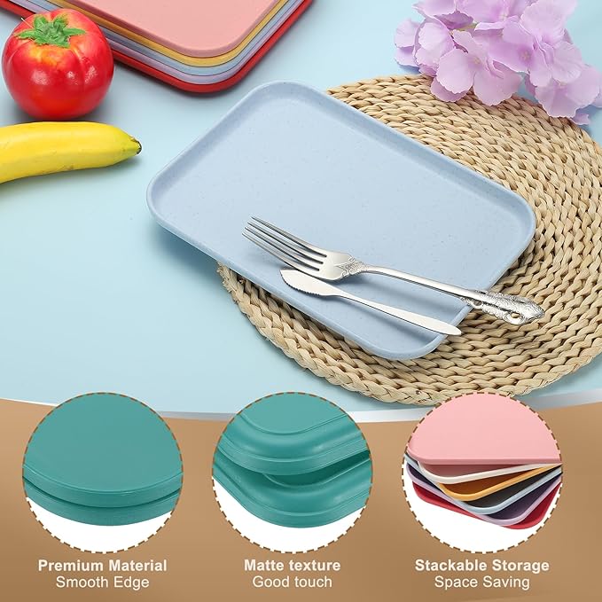PATIKIL 15x10.6 Plastic Tray, 2 Pack Rectangular Plates Food Tray Wheat Plates Dishes Reusable Dessert Plate Trays with Cloth for Cake Fruits Salad Cupcake Steak Serving Dark Green