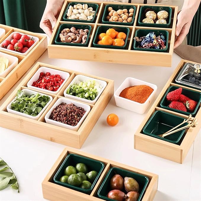 Seasoning Plate Green Ceramic Spice Plate with Lid and Bamboo Tray. 3 Removable Dip Bowls Used for Appetizers, Potato Chips, Fruits, Sweets and Spices Ceramic Sauce Plates (