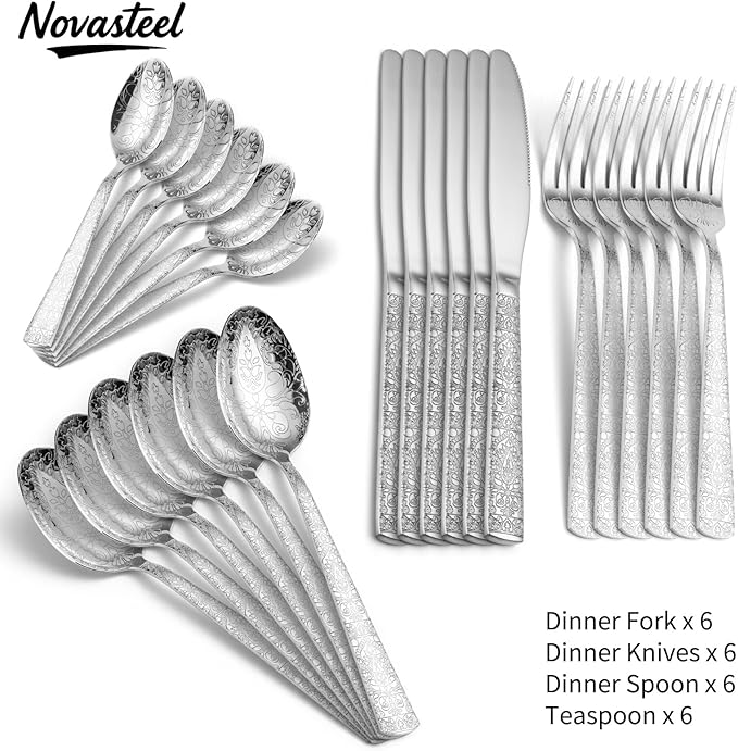 24 Piece Silver Flatware Set, Delicate Patterns,Stainless Steel Flatware Set for 6, Dishwasher Safe, Rust Resistant, Restaurants and Home Use