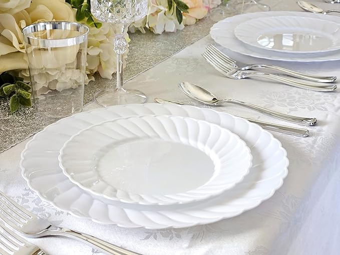 " OCCASIONS " 960pcs set (120 Guests)-Vintage Wedding Party Disposable Plastic Plates -120 x 10.25'' + 120 x 7.5'' + Silverware + 12oz Cups + Napkins (Blossom in White)