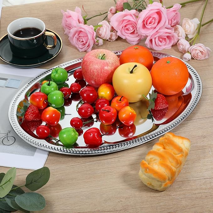 4 Pcs Large Silver Serving Trays, 15.7" x 11.8" Stainless Steel Oval Serving Tray, Decorative Silver Plates, Oval Floral Engraved Tray, Metal Sizzler Plates for Coffee Table, Bar, Party, Club, Home