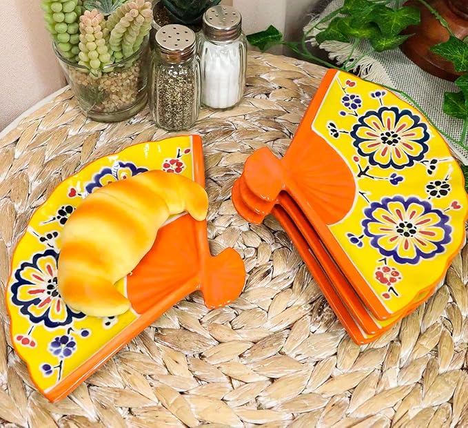 Ebros Pack Of 4 Colorful Oriental Folding Fan Shaped Appetizer Sushi Dessert Serving Dish Plates Decorative Asian Themed Artistic Dinner Lunch Serveware Plate Set (Yellow Summer Flower Blossoms)