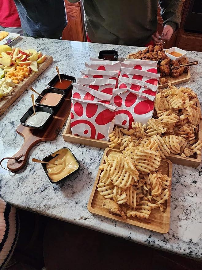 Bamboo Serving Trays Charcuterie Platter 16.5"x11.8"（42x30cm with Handle, Set Includes 1xHexagon 12.5"(32cm)+1xSquare 7.8"(20cm)+1xSquare 5.9"(15cm) Small Plates for Family Dinner
