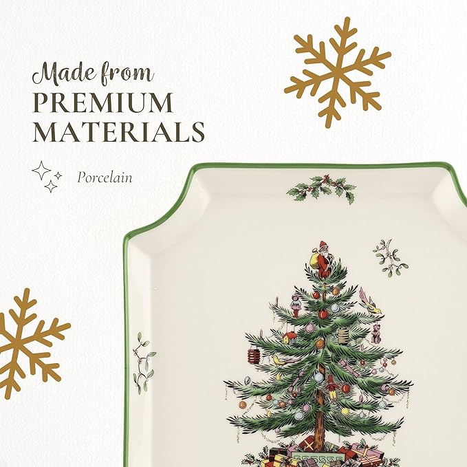 Spode Christmas Tree Canape Plate - 8" Holiday Serving Dish for Appetizers, Desserts, Treats - Fine Porcelain with Green Border, Dishwasher Safe - Ideal Christmas Tableware