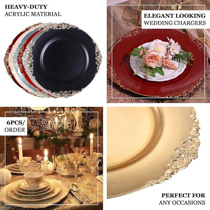 13" Charger Plates -Set of 12 - Acrylic Clear Rose Gold Round Baroque Disposable Chargers Leaf Embossed Rim, Ideal for Dinner Party Wedding Bulk Events