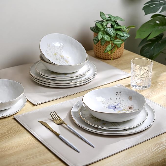 Sango 12-Piece Luxury Stoneware Dinnerware Set for 4- Glossy White Plates and Bowls Sets with Wildflower Patterns and Gold Rims, Ceramic Dish Set, Elegant Dishes for Everyday Dining, Gansevoort