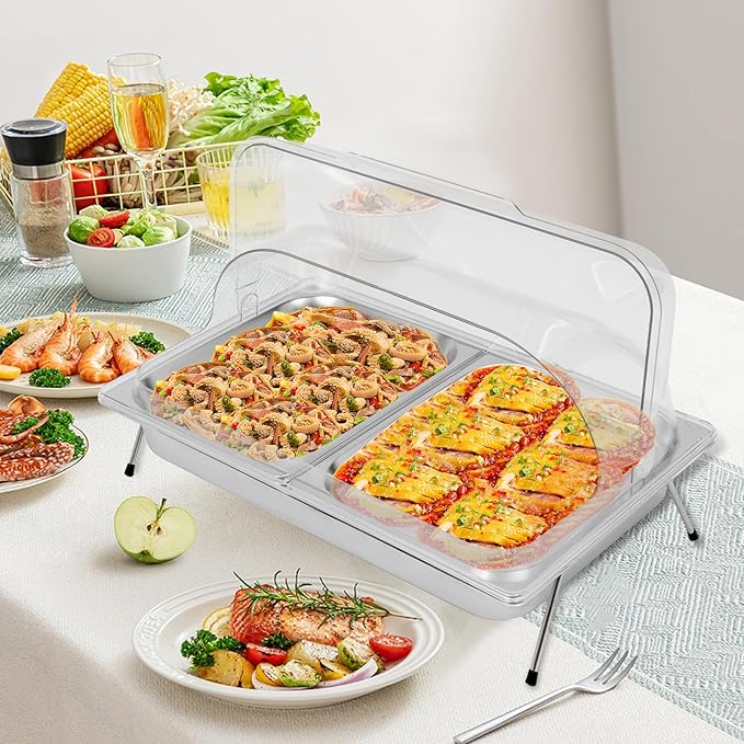 Silver Countertop Food Serving Display Container, 0.79Gal Stainless Steel Catering Supplies Buffet Display, Salad Fruit Trays Restaurant Containers with Lids (2 Pan-with 4 Non-slip Feet)
