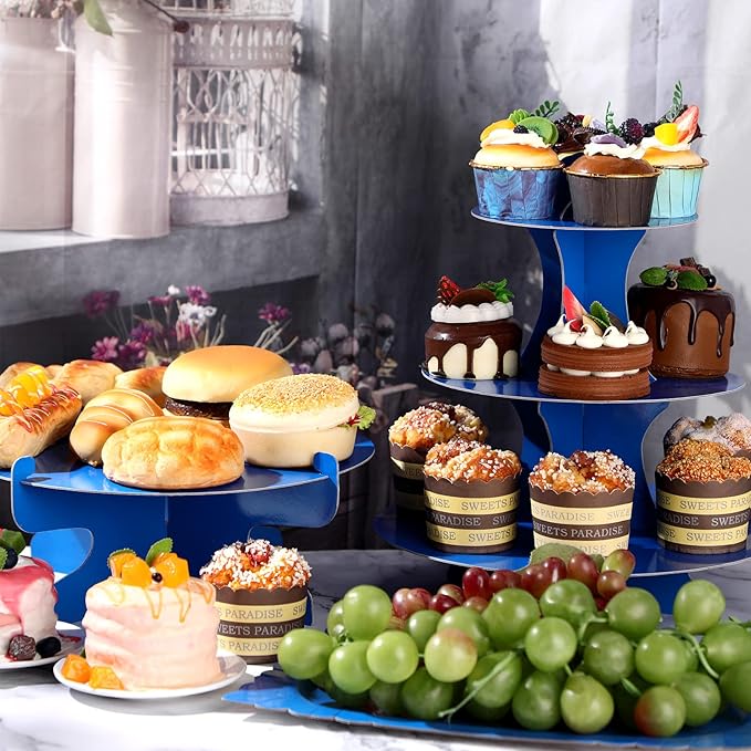 Zopeal 7 Pcs Dessert Table Display Set 3-Tier Cupcake Stand 1-Tier Cup Cake Display Tower Platters and Serving Trays Cardboard Cake Cookie Holders for Wedding Birthday Party Baby Shower(Blue)
