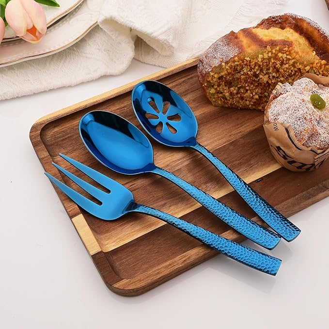 6 PCS Hammered Serving Utensils, Uniturcky Stainless Steel Serving Spoons Set, Square and Thick Hostess Serving Set, Includes 2 Serving Spoon 2 Serving Fork and 2 Slotted Spoon, Mirror Blue