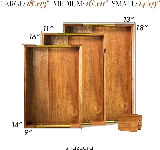 3 Pcs Acacia Wood Serving Trays with Golden Steel Handles 18", 16" & 14" with 6 Coasters - for Coffee Table, Ottoman in Living Room, Breakfast in Bed, Jewelry, Decorative, BBQ, Charcuterie