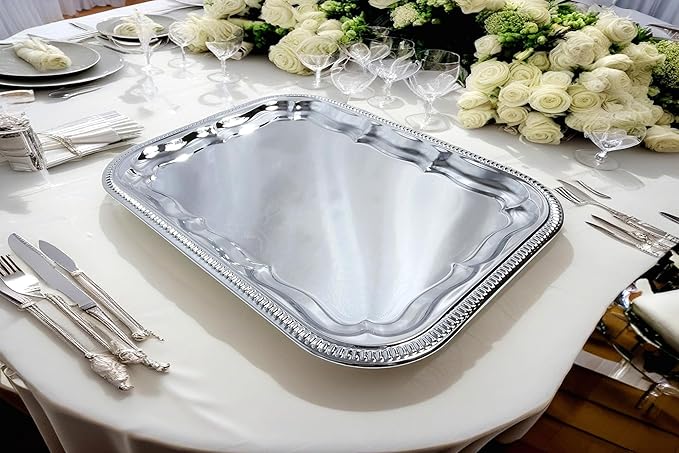 (Pack of 4) 20.9" x 12.8" Traditional Rectangular Trim Floral Pattern Engraved Catering Chrome Plated Serving Plate Mirror Tray Platter Tableware Holiday Party Serving (Large) T227L-4PK