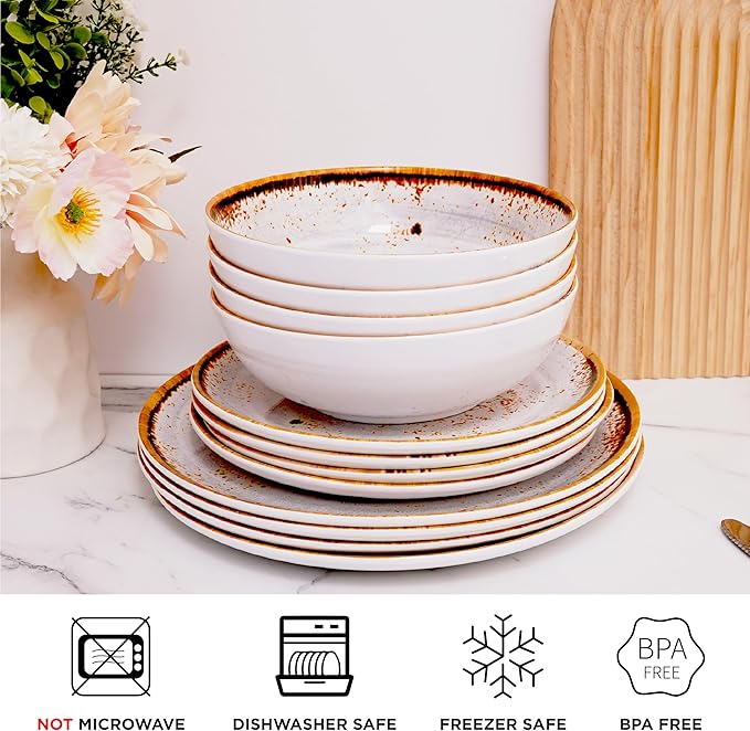 TP 12-Piece Dinnerware Set, Melamine Dishes Set with Bowls and Plates, Non-breakable and Lightweight Dinner Service for 4, Grey Swirl