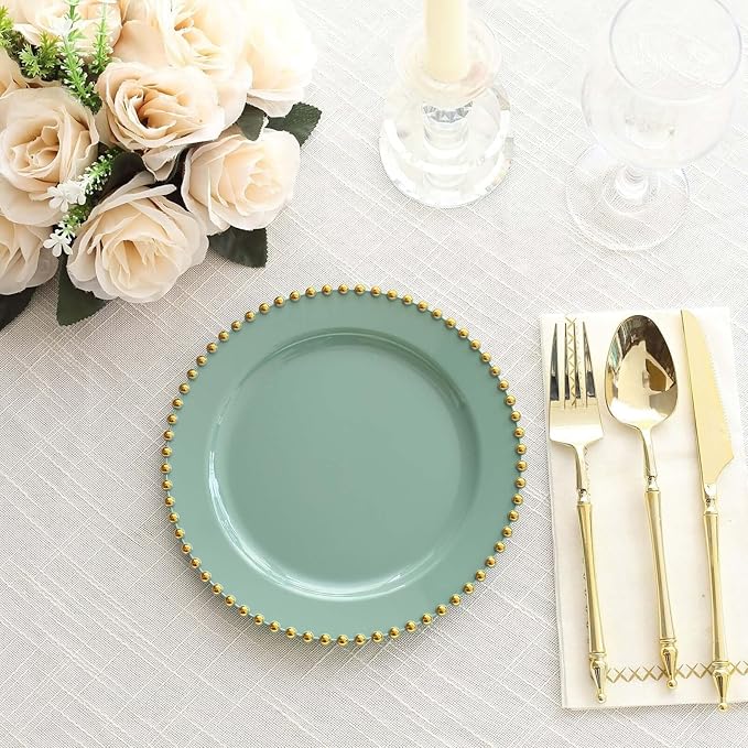 8" Salad Plates - Set of 20 - Plastic Dusty Sage Green/Gold Round Disposable Dessert Appetizer Plate Beaded Rim, Ideal for Dinner Party Wedding Bulk Events