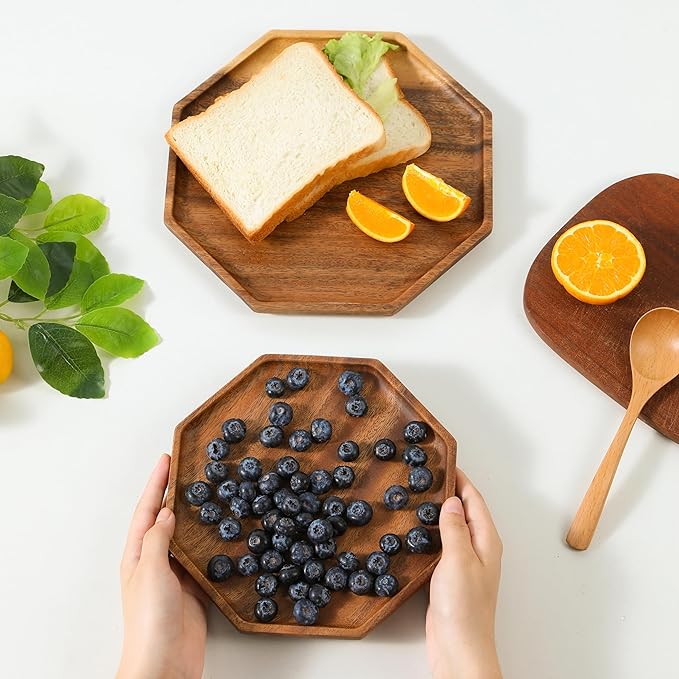 Premium Walnut Wood Octagon Serving Tray 10"-100% Natural Wooden Serving Tray for Coffee Table-Great Ottoman Tray Home Decor Platter-Perfect for Serving Drinks & Food
