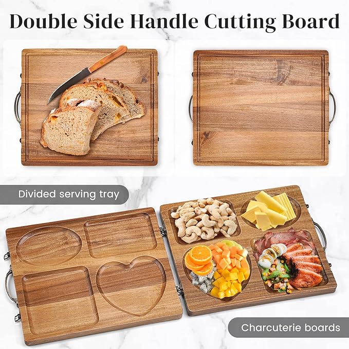 Double Side Acacia Wood Serving Tray, Serving Platters and Trays, Charcuterie Boards Wooden Tray with Vintage Metal Handles, Wooden Cutting Boards for Kitchen, Trays for Serving Food Serving Platter