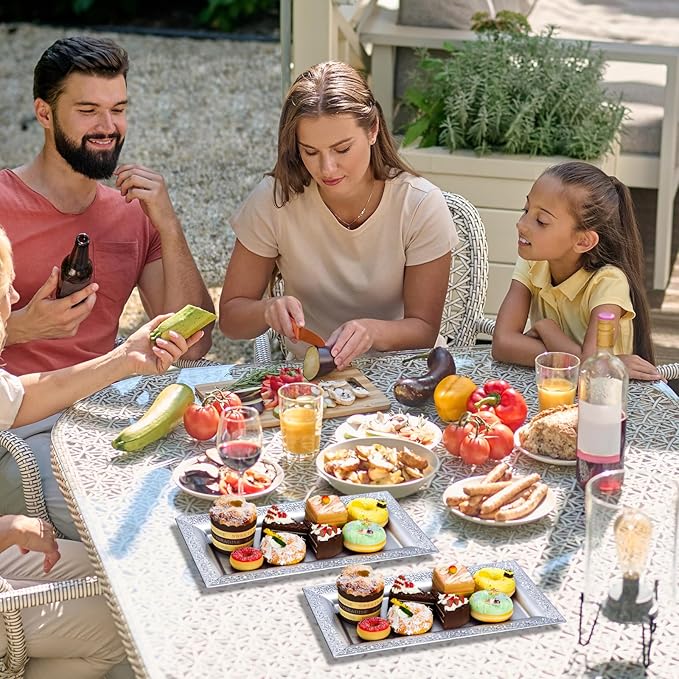 Maxcheck 24 Pcs Plastic Serving Tray Platter Set 14 x 7.5 Inches Lace Rim Serving Trays for Food Dessert Fruit Cupcake Weddings Table Parties Display(Sliver)