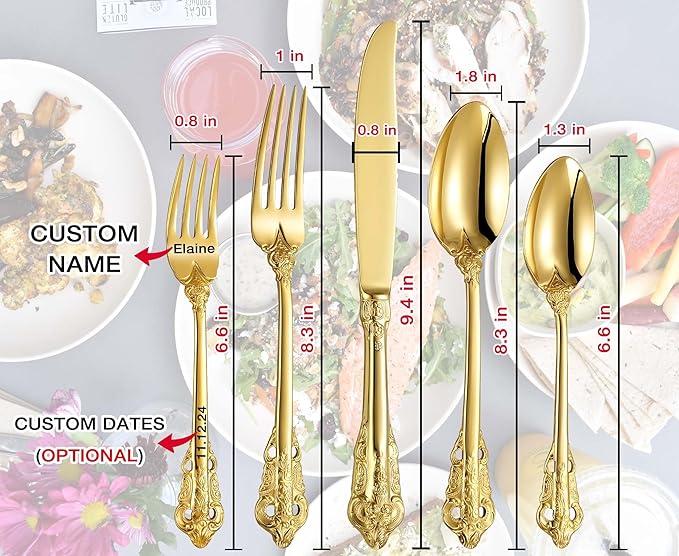 [5 Pack] Personalized Luxury Flatware Set, Customized Engraved with Name Dates Stainless Steel Tableware with Gold Accents, Custom Cutlery Kit Vintage Antique Baroque Silverware Gift for Party Favors