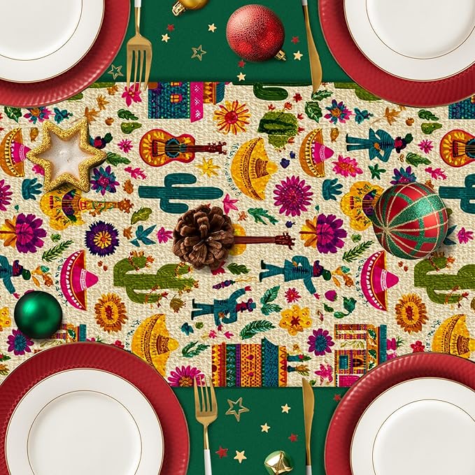 Mexican Flower Cactuses Table Runner Seasonal Holiday Kitchen Dining Linen Table Decoration for Indoor Outdoor Home Party Decor 13 x 72 Inch