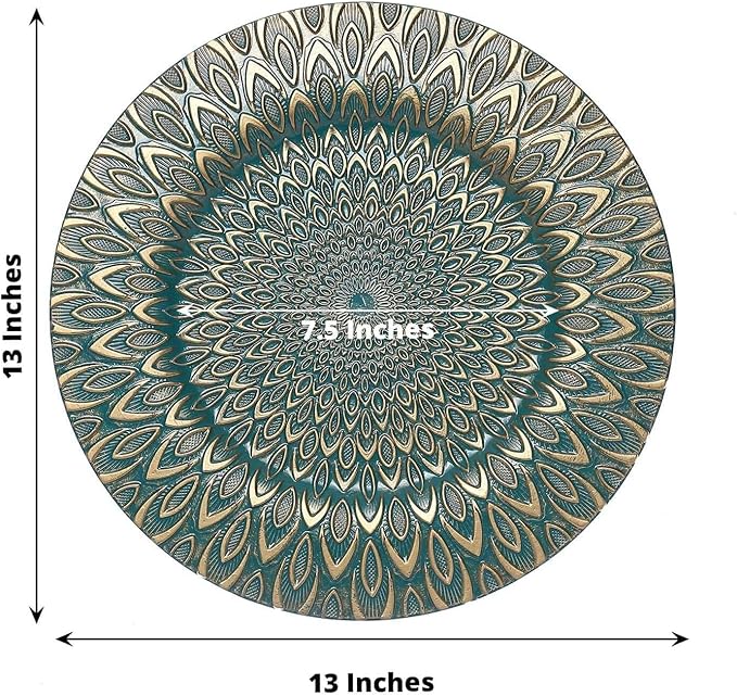 Efavormart 6 Pack | 13" Teal/Gold Embossed Peacock Design Plastic Serving Plates, Round Disposable Charger Plates