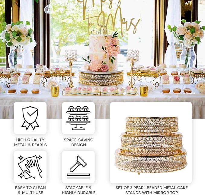 Efavormart Set of 3 Pearl Beaded Gold Metal Cake Stands with Mirror Top, Stackable Round Cupcake Holder Dessert Display Stands - 12",14",16"