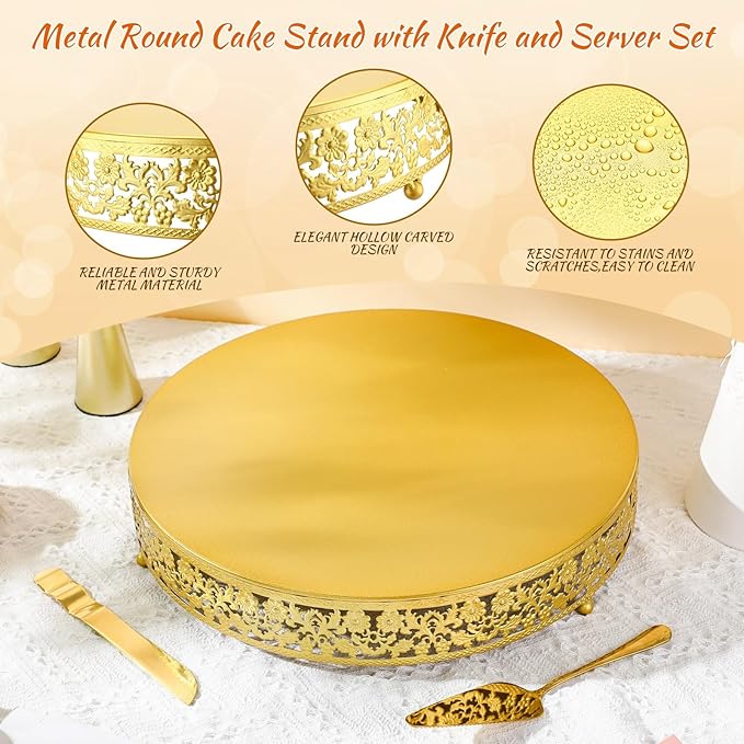 Wenqik 16 Inch Christmas Cake Stand Gold Metal Round Cupcake Dessert Stand with Cake Cutting, Spatula Xmas Cupcake Pastry Display Candy Holder Display for Xmas Wedding Birthday Party(flower, 16 Inch)
