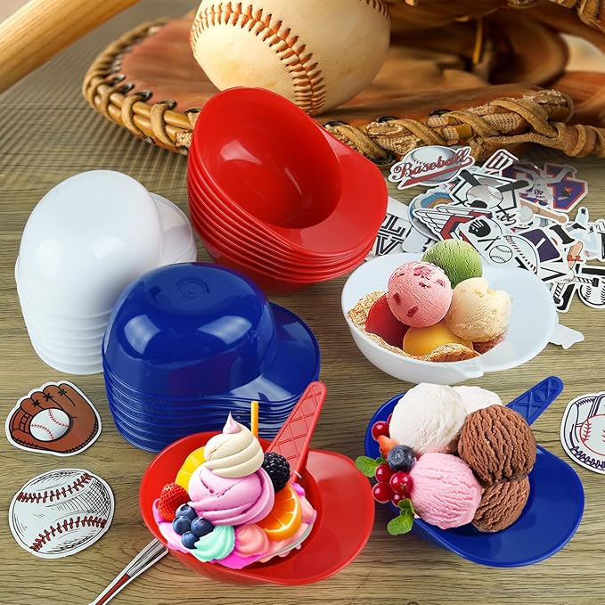 MEEZY 16 Set Baseball Helmet Ice Cream Bowls with 8 Mini Dessert Cups and 8 Spoons, 8oz Reusable Baseball Cap Snack Dessert Cup Bowls Baseball Party Favors for Kids Sports Birthday Party Supplies