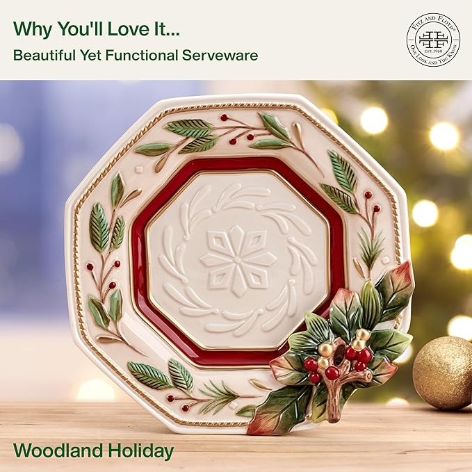 Fitz and Floyd Woodland Holiday Appetizer Plate, Festive Christmas Serveware with Holly and Berry Accents for Seasonal Table Décor and Entertaining, 10.25 Inch