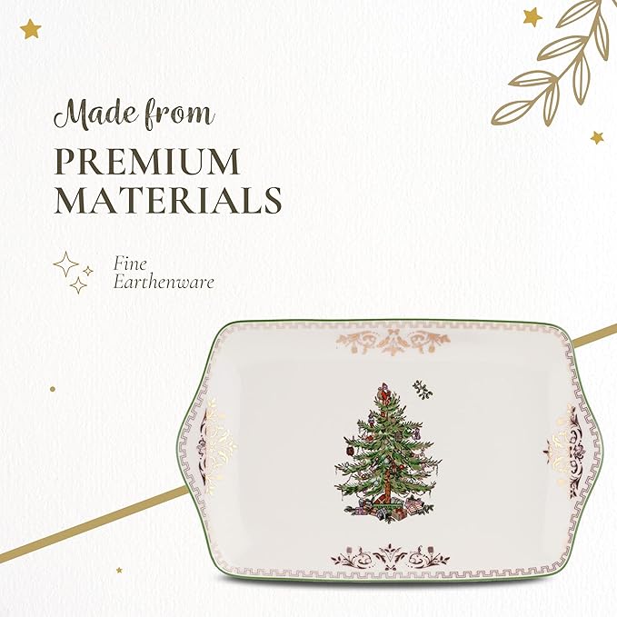 Spode Christmas Tree Gold Dessert Tray - 12" Fine Porcelain Festive Serving Platter with Red Ribbons, Holiday Collectible Dish for Entertaining & Desserts - Winter Holiday Serveware Gift