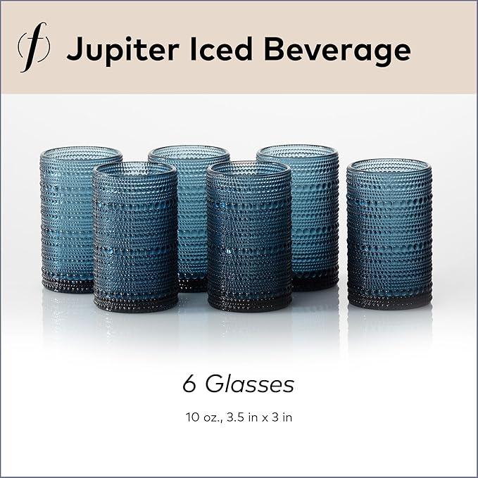 Fortessa Jupiter Beaded Hobnail Glass, 13 Ounce Iced Beverage (Set of 6), Cornflower Blue
