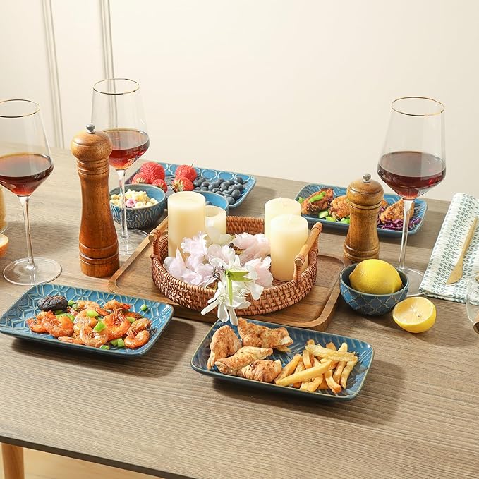 Sureasy Ceramic Salad Plates, Rectangular Appetizer Plates 8 inch, Small Serving Plates for Entertaining, Small Dinner Plates Set for Dessert, Sushi, Embossed Porcelain Dish, Set of 4, Blue