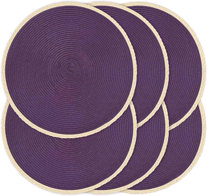 Noctiflorous Round Placemats Set of 6, 15 Inch Braided Hand Woven Table Mats, Heat Resistant Non-Slip Wipeable Thin Edge Place Mats for Kitchen Dining Indoor Outdoor Use(Purple, 6)