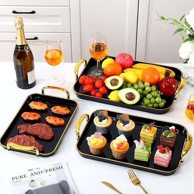 Rtteri Set of 6 Serving Platters with Handles 18.3/16.73/14.8 Inch Large Rectangular Serving Tray Reusable for Entertaining Dinner Party Wedding Decoration(Golden Handles,Black)