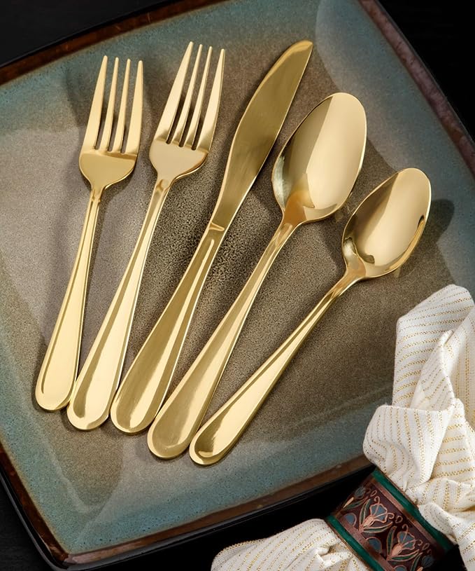 Gibson Home Ravidia Gold Heavy Gauge Flatware Cutlery Silverware Set 20 Pieces, Stainless Steel Colorful Utensils, Tableware Set Service for 4