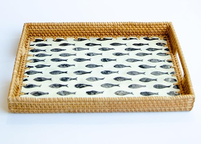 Magenta & Teal Decorative Rectangle Rattan Serving Tray 13x9 inch Mother of Pearl Inlay, Wicker Coffee Table Decor, Farmhouse (Navy Fish)
