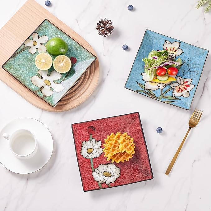 Porcelain Square Dessert Salad Pasta Plates 7.5 inches ceramic plates set of 4 Stackable Dinner Plates for Steak, Pasta, Salad, Snacks, Dessert，Microwave and Dishwasher Safe (Multicolor A, 7.5 Inch)