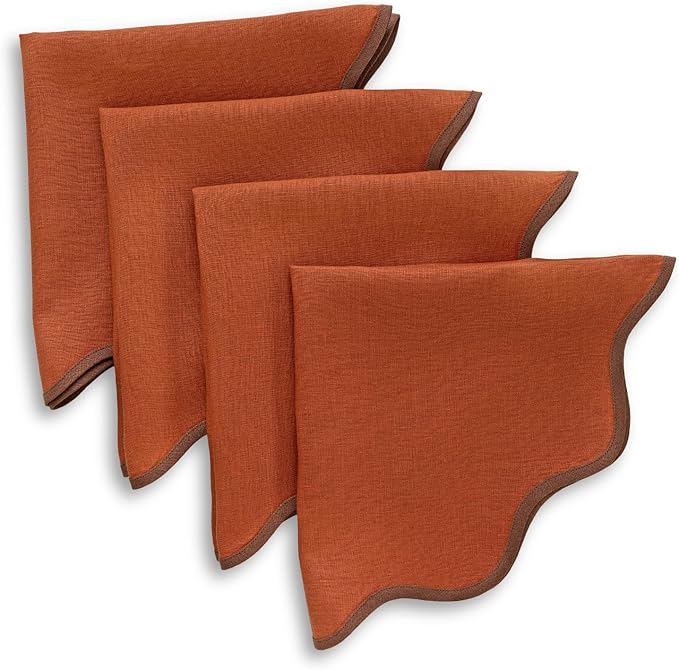 Solino Home Linen Scallop Cloth Napkins Set of 4-100% Pure Linen Brown and Cinnamon Dinner Napkins 20 Inch for Christmas - Giselle Scallop Edge, Handcrafted and Machine Washable
