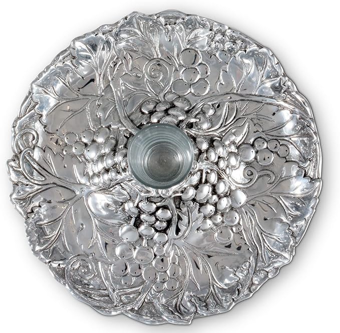 Arthur Court Aluminum Metal Grape Pattern Tidbit Cheese Hors d'oeuvres Tray with Glass for Toothpick - Entertaining Small Platter 10 inch Diameter x 2.25 inch Tall