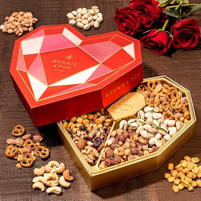 Valentine's Day Gift Basket, Heart Box with Gourmet Nuts Assortment, Premium Mixed Nuts Variety Pack for Wife, Girlfried, Mom, Women, Girl, Spouse- Bonnie and Pop