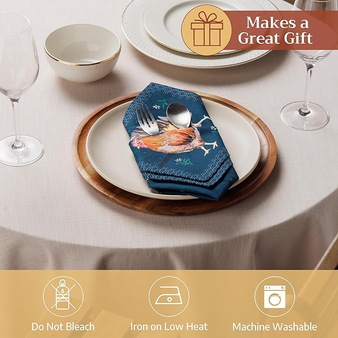 Maison d' Hermine Cloth Napkins Set of 4 100% Cotton Soft & Durable Everyday Reusable Square Napkins Cloth Washable, Dinner, Cocktail Party, Wedding, Restaurant (Meadow Rooster, 18" x 18")