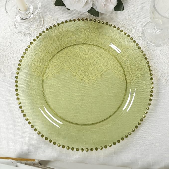 10" Dinner Plates - Set of 30 - Plastic Transparent Dusty Sage Green Round Disposable Plate Beaded Rim, Ideal for Decoration Party Wedding Bulk Events